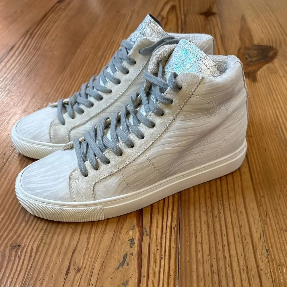 P448 ivory white leather zebra print faux fur lining high top sneakers‎ SIZE 7